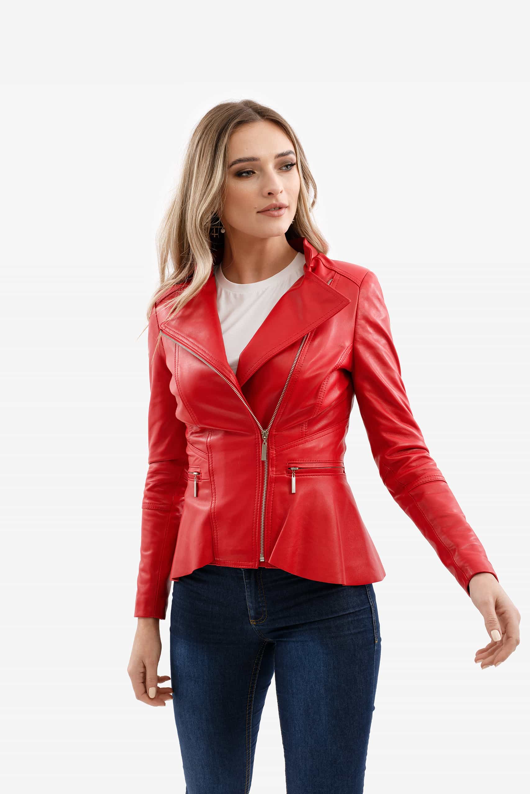 geaca jacheta piele rosie femei elegant slim fashion calitate fermoar rever
